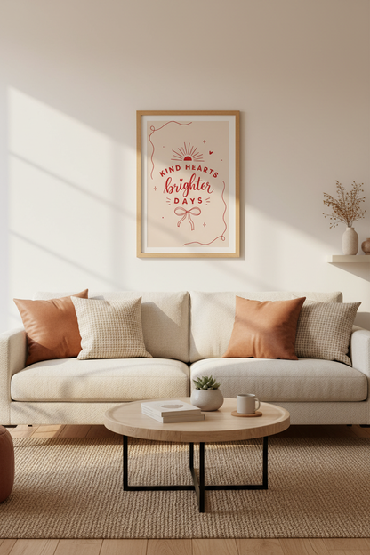 Kind Hearts Brighter Days Wall Art | Red Typography Poster | Boho Office Decor
