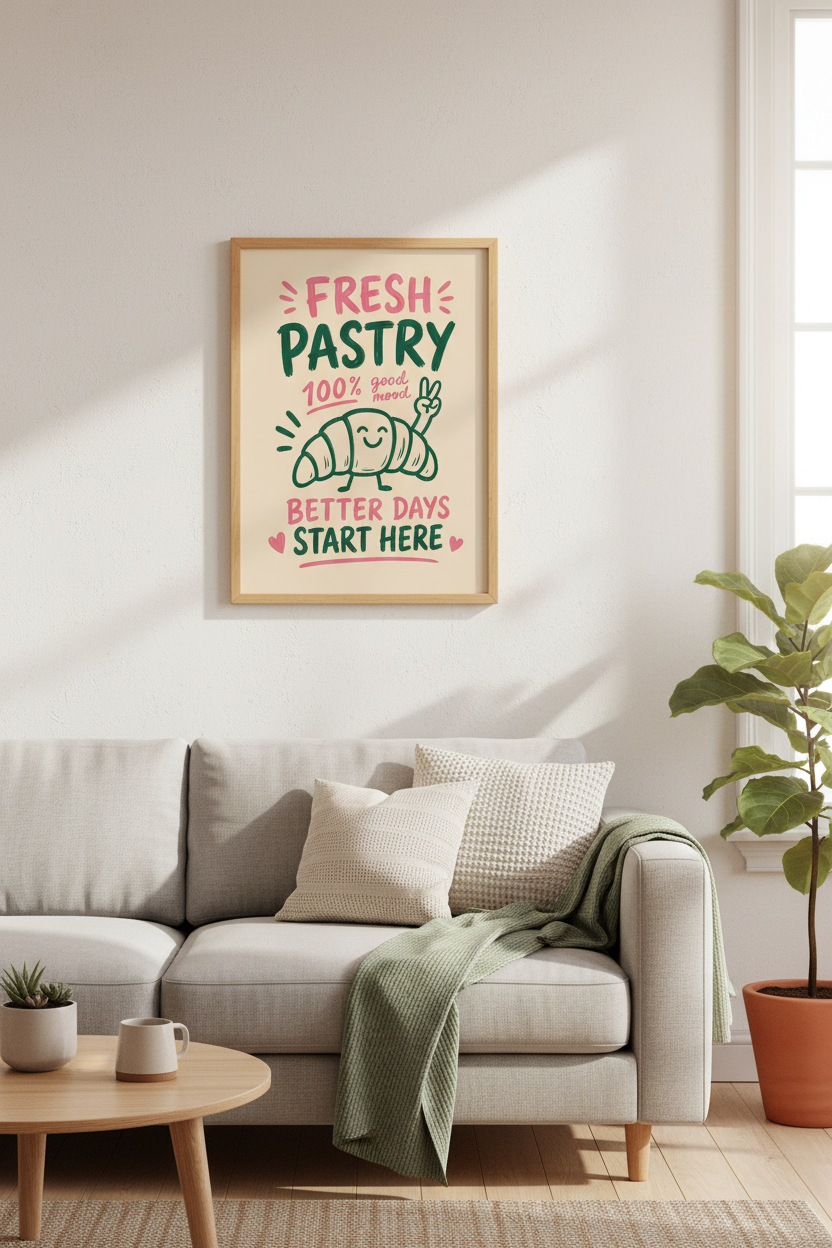 Bakery Wall Art Print | Retro Croissant Poster, Kitchen Dining Room Decor