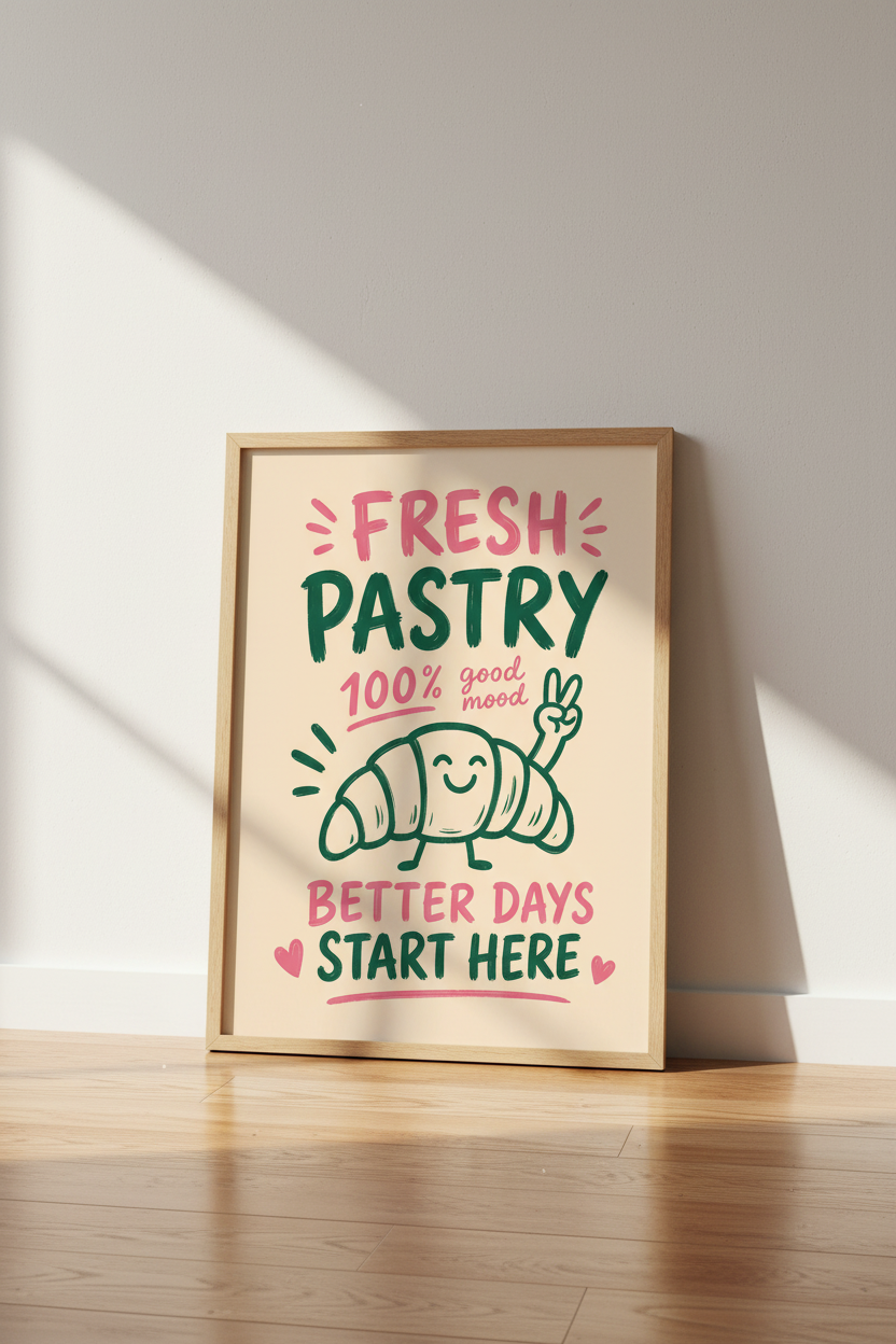 Bakery Wall Art Print | Retro Croissant Poster, Kitchen Dining Room Decor