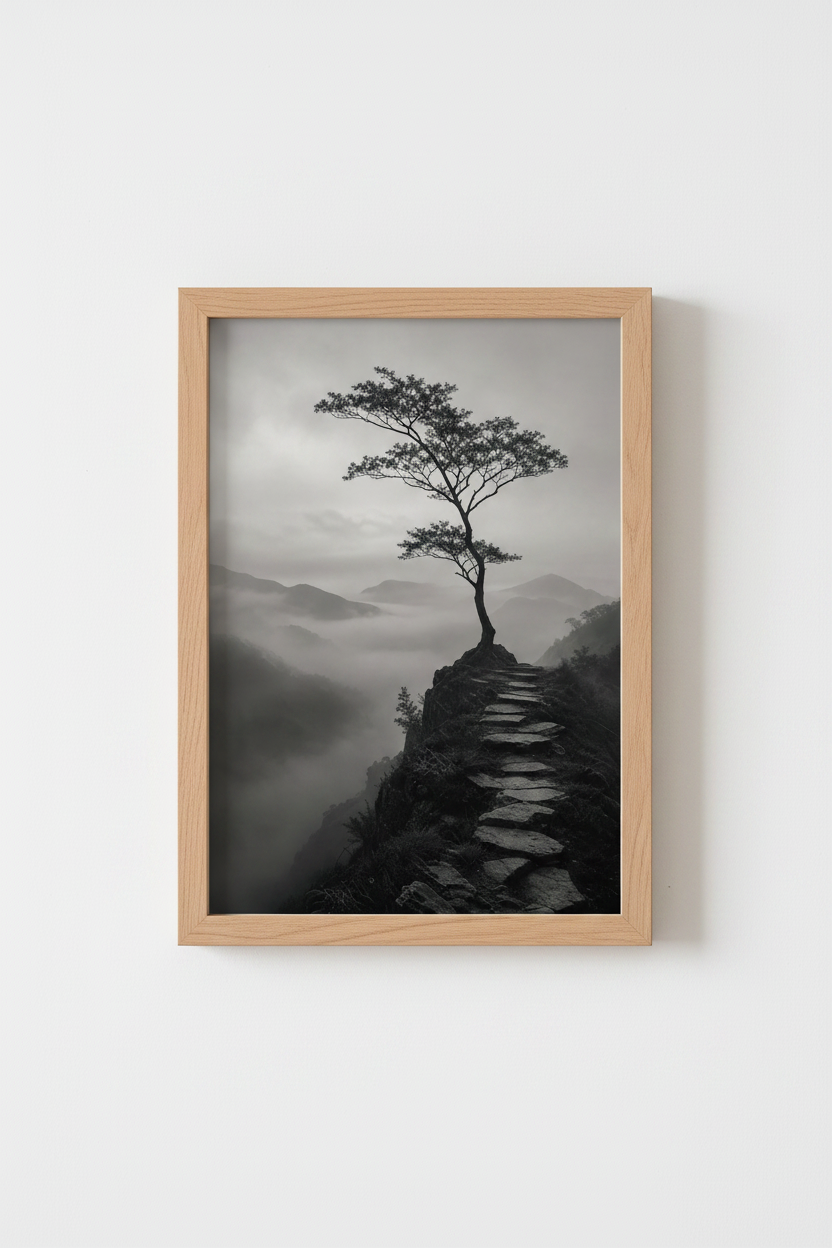 Zen Nature Wall Art | Black and White Mountain Landscape, Minimalist Tree Poster