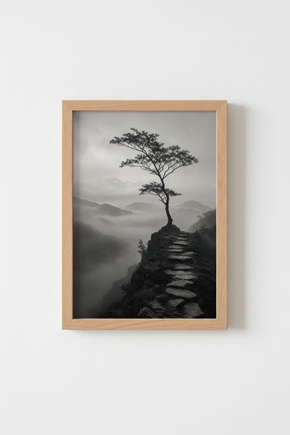 Zen Nature Wall Art | Black and White Mountain Landscape, Minimalist Tree Poster
