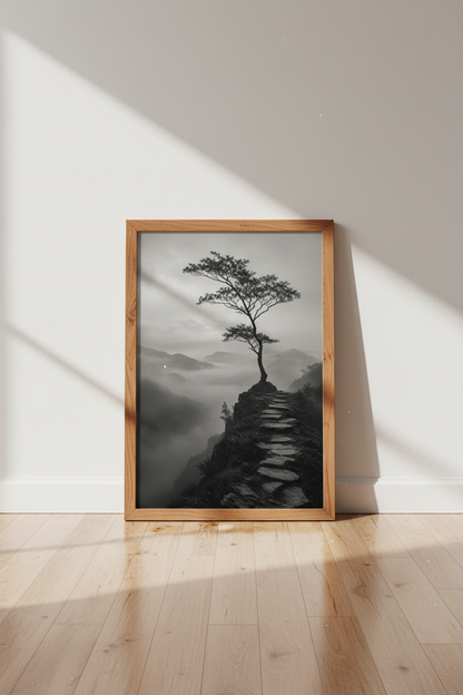 Zen Nature Wall Art | Black and White Mountain Landscape, Minimalist Tree Poster