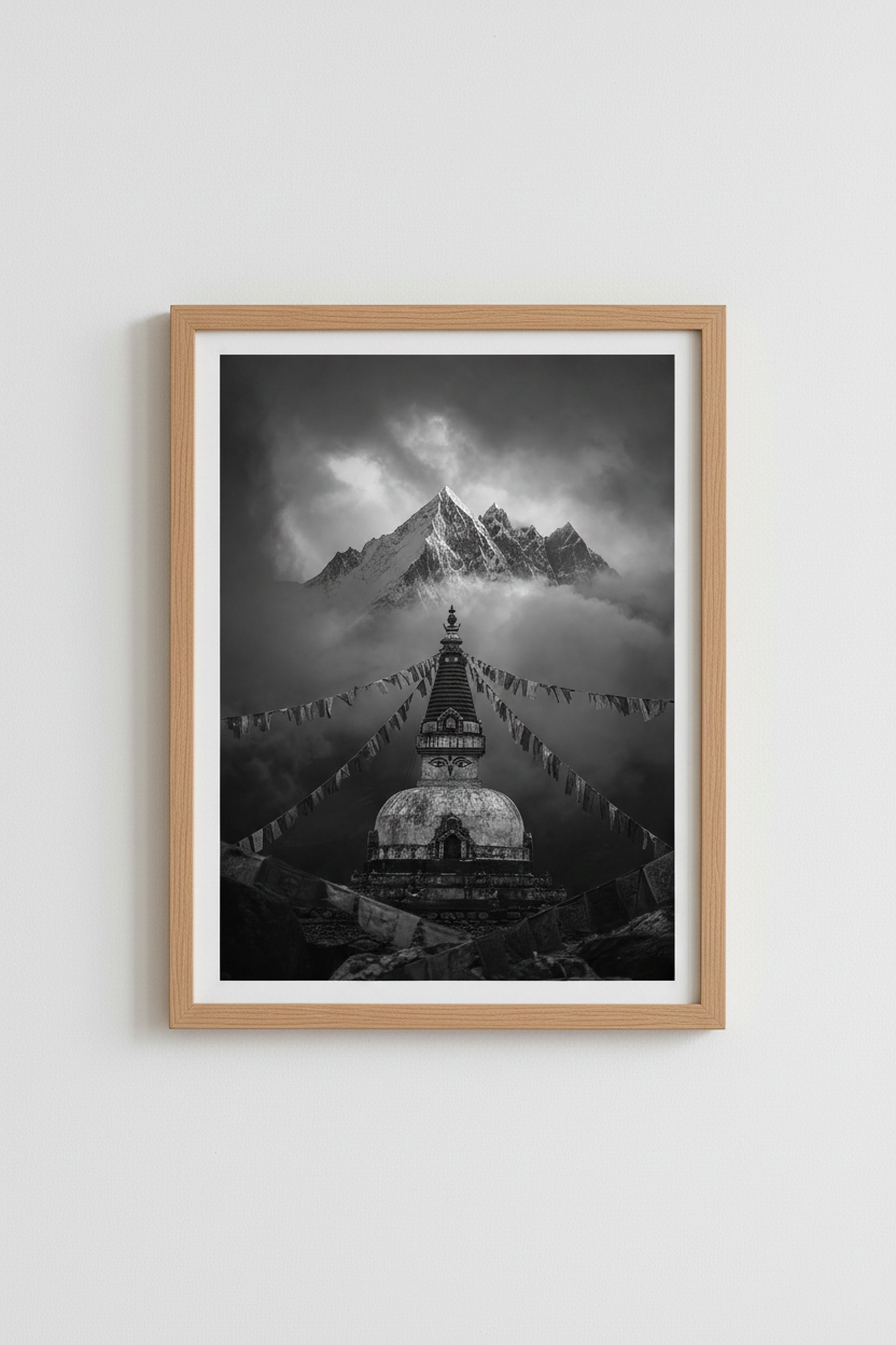 Himalaya Mountain Wall Art | Nepal Stupa Poster, Black and White Zen Decor