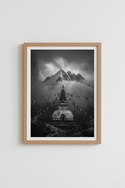 Himalaya Mountain Wall Art | Nepal Stupa Poster, Black and White Zen Decor