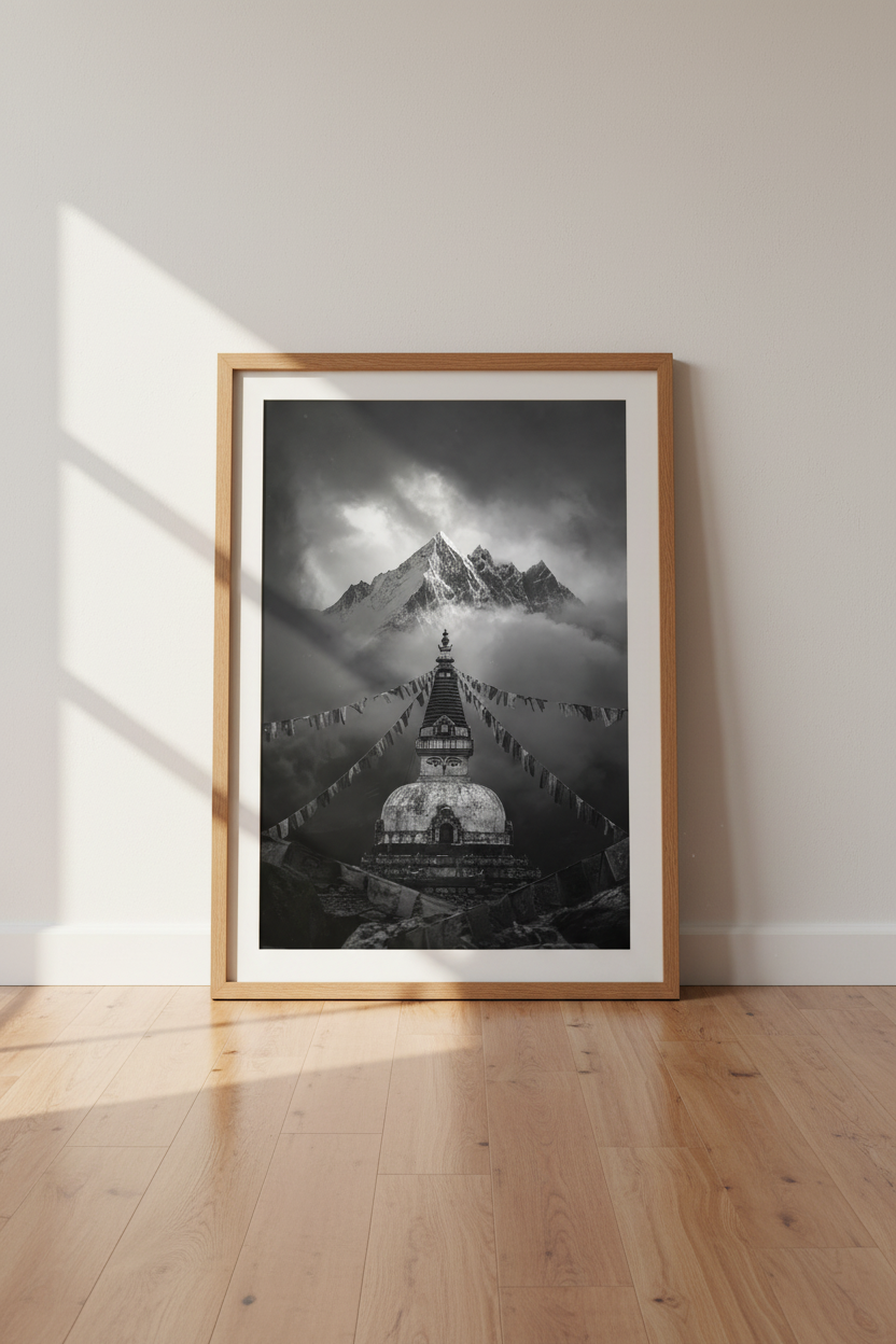 Himalaya Mountain Wall Art | Nepal Stupa Poster, Black and White Zen Decor