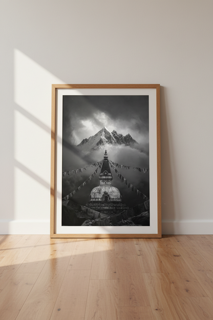 Himalaya Mountain Wall Art | Nepal Stupa Poster, Black and White Zen Decor