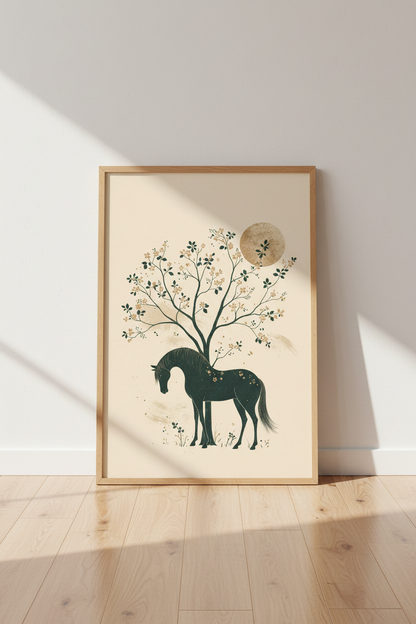 Japanese Horse Art Print | Minimalist Botanical Tree Wall Decor | Zen Nature Poster