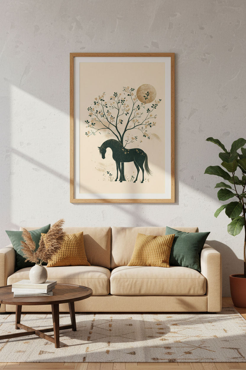 Japanese Horse Art Print | Minimalist Botanical Tree Wall Decor | Zen Nature Poster
