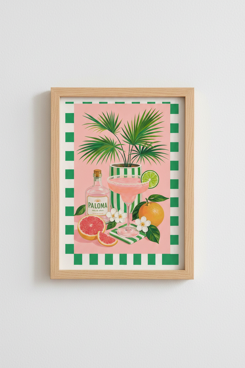 Retro Bar Cart Decor | Paloma Cocktail Print, Pink Tequila Poster for Kitchen &amp; Home Bar