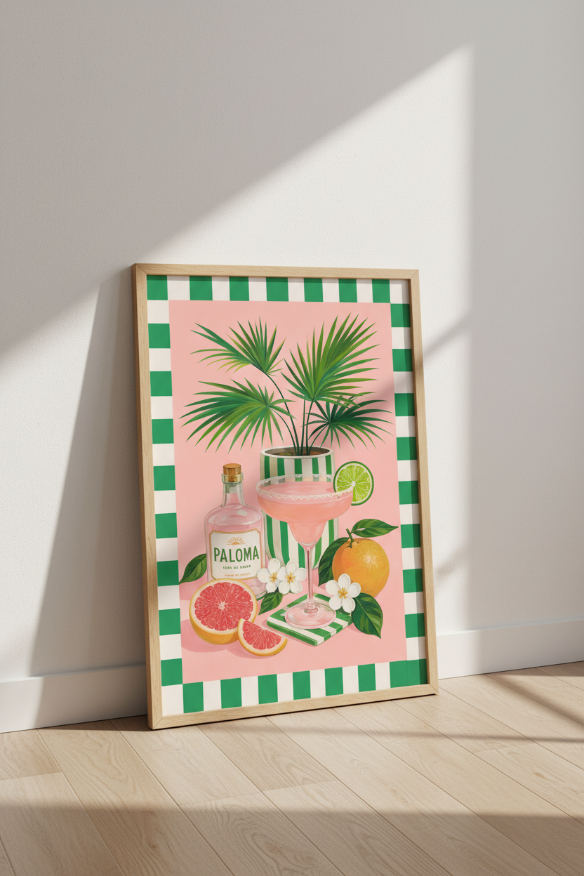 Retro Bar Cart Decor | Paloma Cocktail Print, Pink Tequila Poster for Kitchen &amp; Home Bar