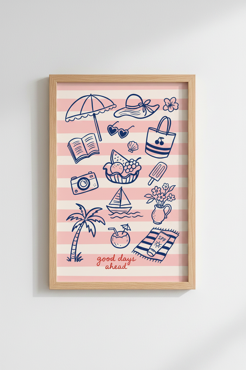 Coastal Summer Wall Art Print | Pink Beach House Decor | Preppy Aesthetic Poster