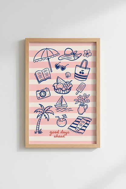 Coastal Summer Wall Art Print | Pink Beach House Decor | Preppy Aesthetic Poster