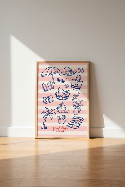 Coastal Summer Wall Art Print | Pink Beach House Decor | Preppy Aesthetic Poster
