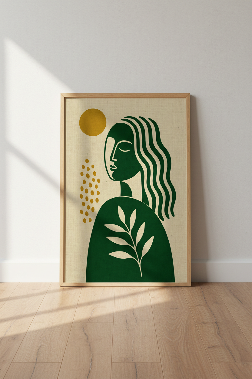 Abstract Woman Portrait | Green &amp; Gold Minimalist Art, Modern Boho Decor