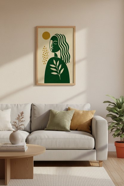 Abstract Woman Portrait | Green &amp; Gold Minimalist Art, Modern Boho Decor
