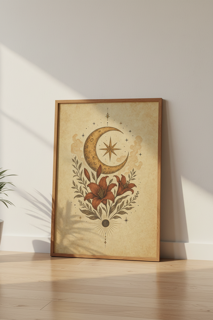 Celestial Moon &amp; Lily Wall Art | Vintage Floral Mystical Poster, Gothic Boho Home Decor