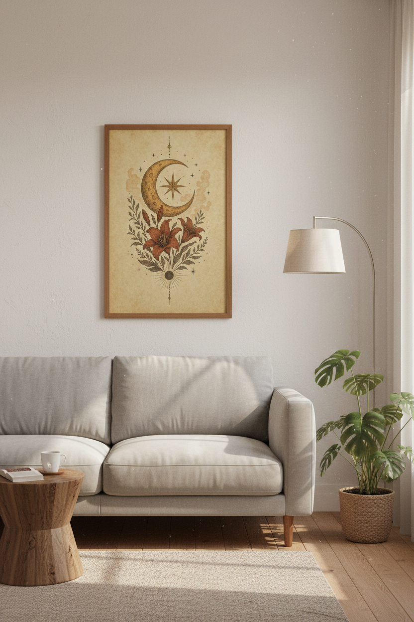 Celestial Moon &amp; Lily Wall Art | Vintage Floral Mystical Poster, Gothic Boho Home Decor