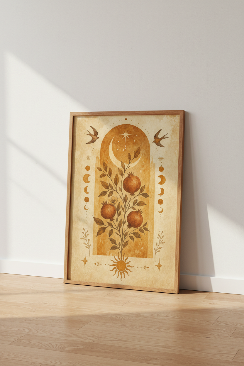 Celestial Pomegranate Art | Vintage Botanical Moon Poster, Boho Wall Decor