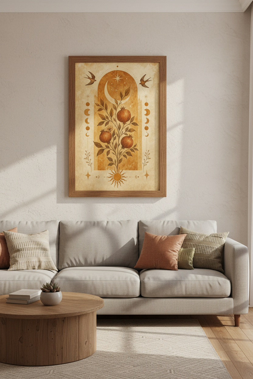 Celestial Pomegranate Art | Vintage Botanical Moon Poster, Boho Wall Decor