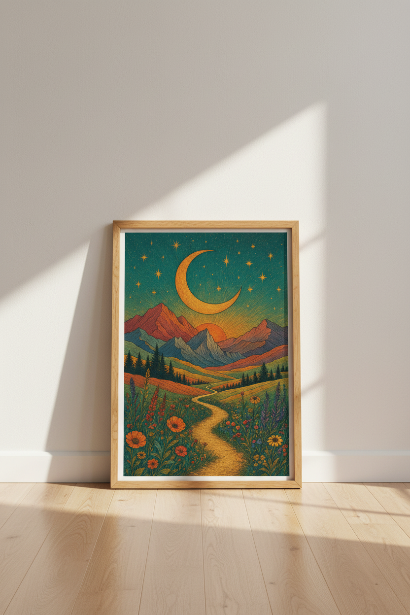 Celestial Mountain Path Wall Art | Boho Moon &amp; Stars Landscape Decor | Whimsical Poster