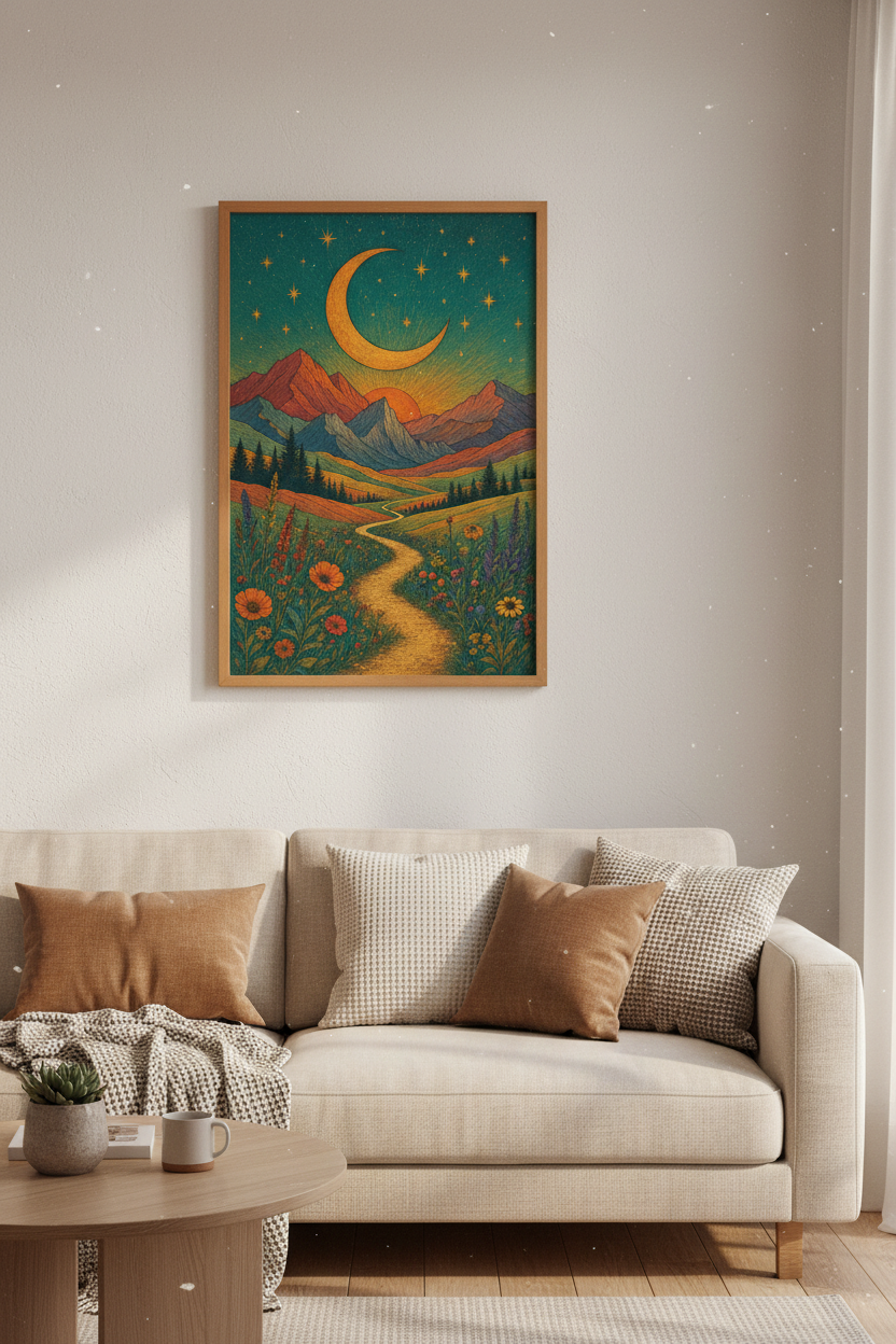 Celestial Mountain Path Wall Art | Boho Moon &amp; Stars Landscape Decor | Whimsical Poster