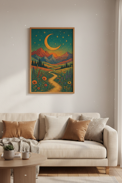 Celestial Mountain Path Wall Art | Boho Moon &amp; Stars Landscape Decor | Whimsical Poster