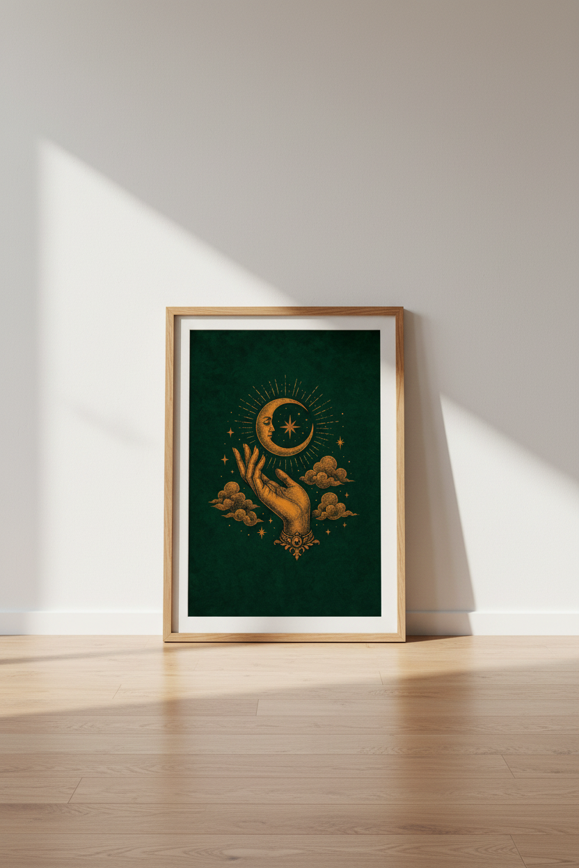 Celestial Moon Hand Wall Art | Vintage Mystic Gold &amp; Green, Bedroom Aesthetic Poster