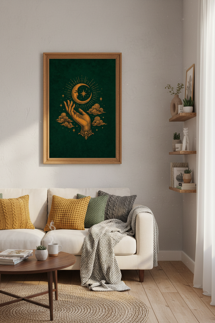 Celestial Moon Hand Wall Art | Vintage Mystic Gold &amp; Green, Bedroom Aesthetic Poster