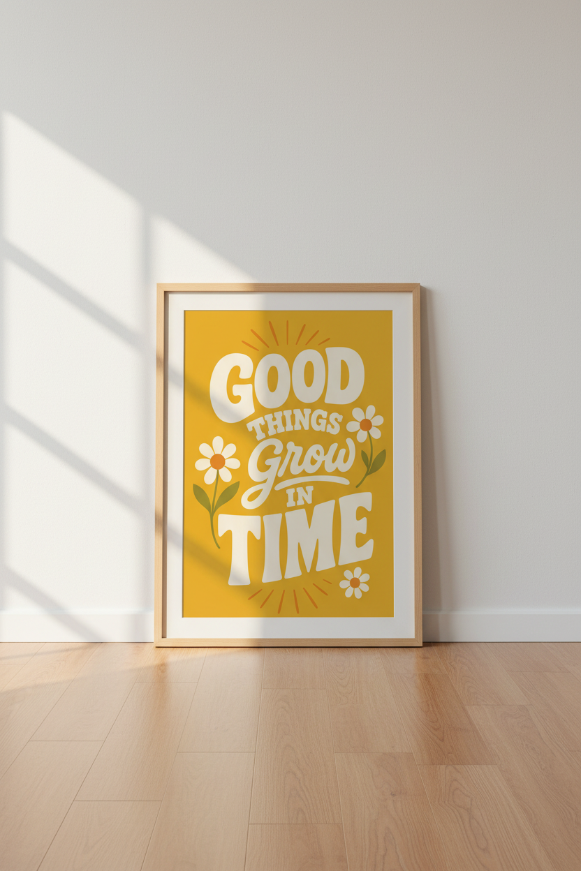 Retro Quote Wall Art | Good Things Grow In Time Floral Poster | Mustard Yellow Boho Decor
