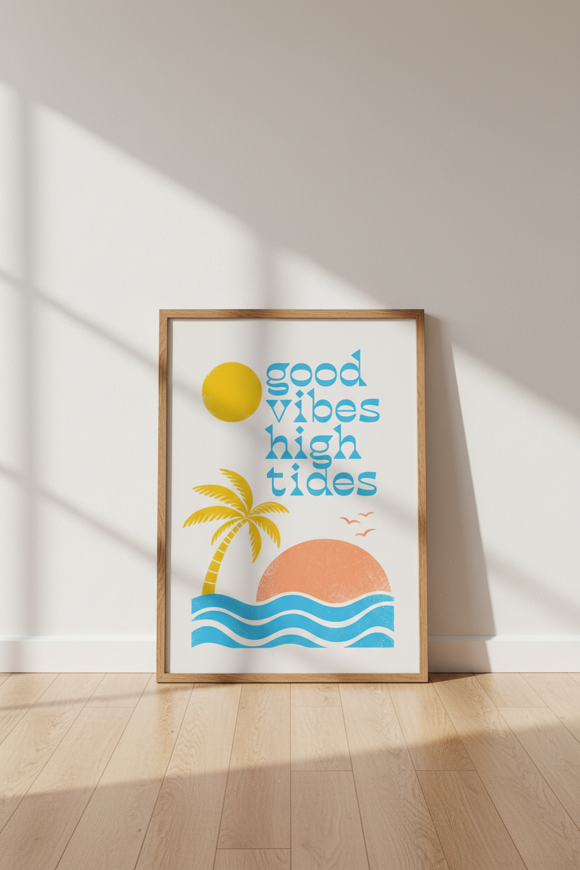 Good Vibes High Tides Wall Art | Coastal Beach Decor | Retro Tropical Poster