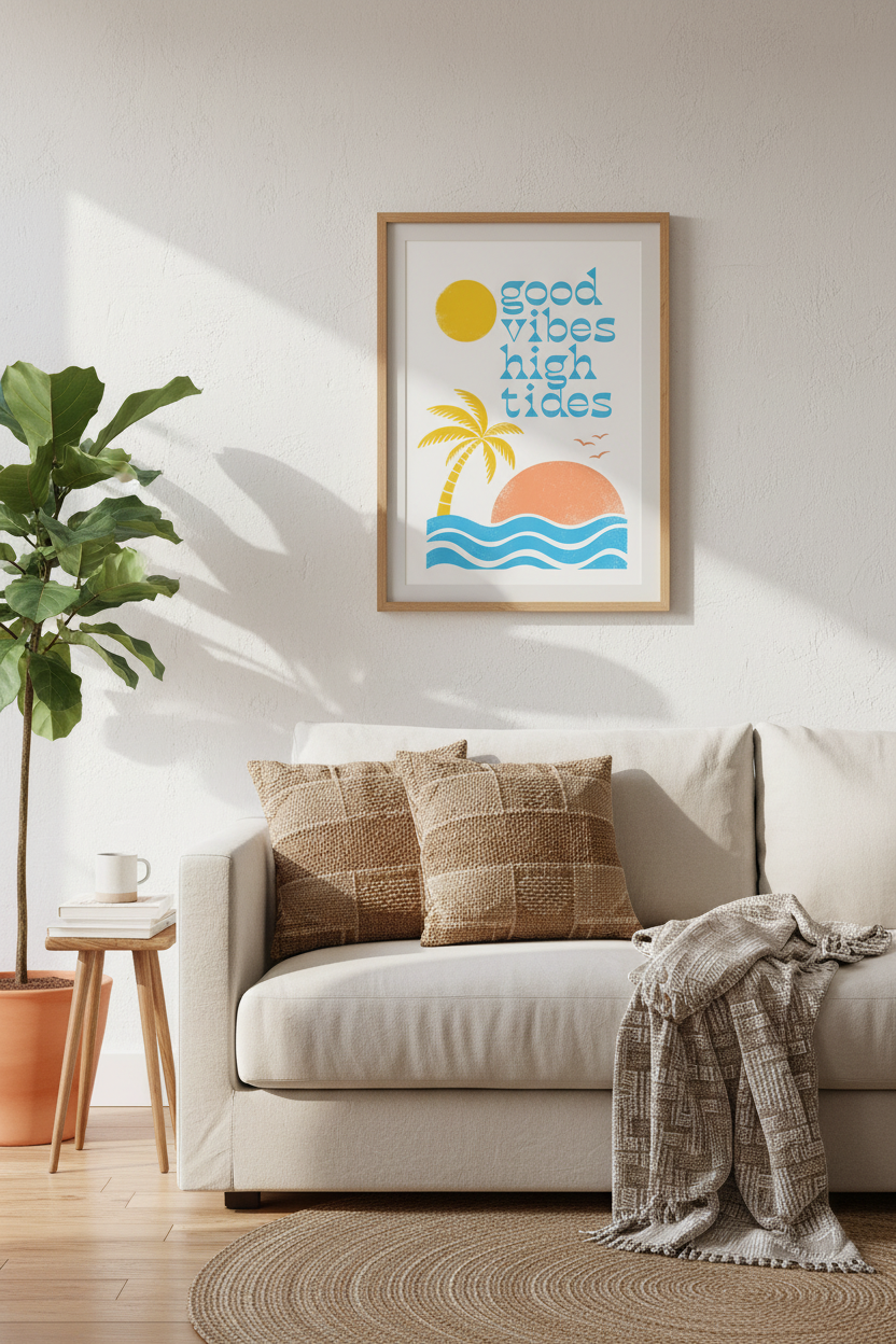 Good Vibes High Tides Wall Art | Coastal Beach Decor | Retro Tropical Poster