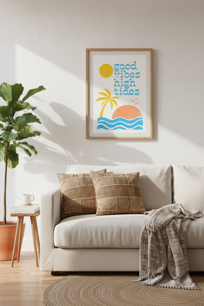 Good Vibes High Tides Wall Art | Coastal Beach Decor | Retro Tropical Poster