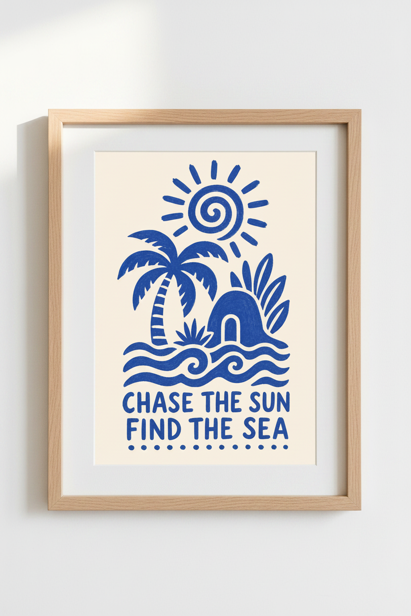 Tropical Wall Art | Coastal Blue Palm Scene | Beachy Home Decor Poster