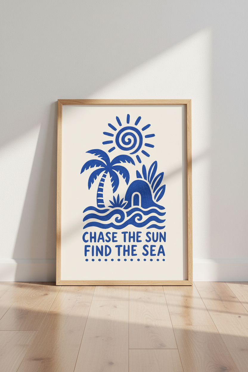 Tropical Wall Art | Coastal Blue Palm Scene | Beachy Home Decor Poster