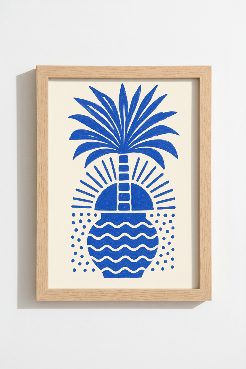 tropical palm wall art | Bold blue abstract island decor for living room