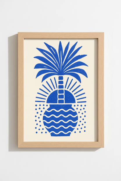 tropical palm wall art | Bold blue abstract island decor for living room