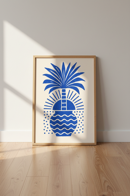 tropical palm wall art | Bold blue abstract island decor for living room