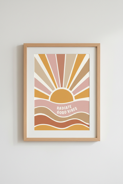 Retro Sunburst Radiate Good Vibes Wall Art | Boho Decor | Terracotta Poster