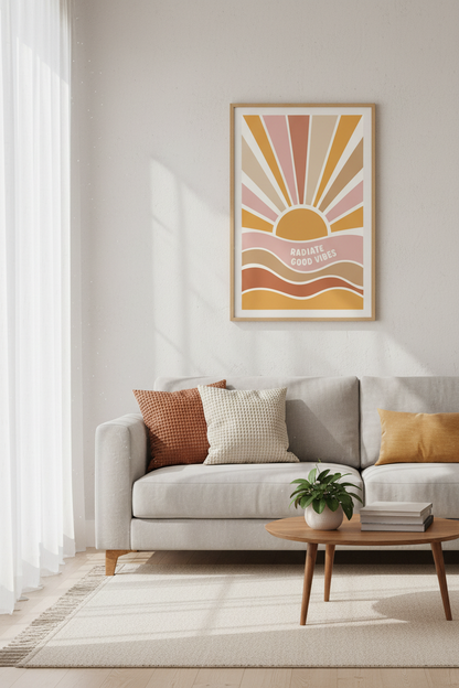 Retro Sunburst Radiate Good Vibes Wall Art | Boho Decor | Terracotta Poster