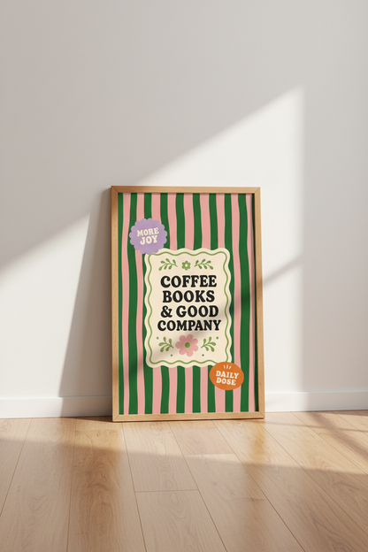 Coffee Books Good Company Wall Art | Pink Green Retro Poster | Kitchen Reading Nook Decor