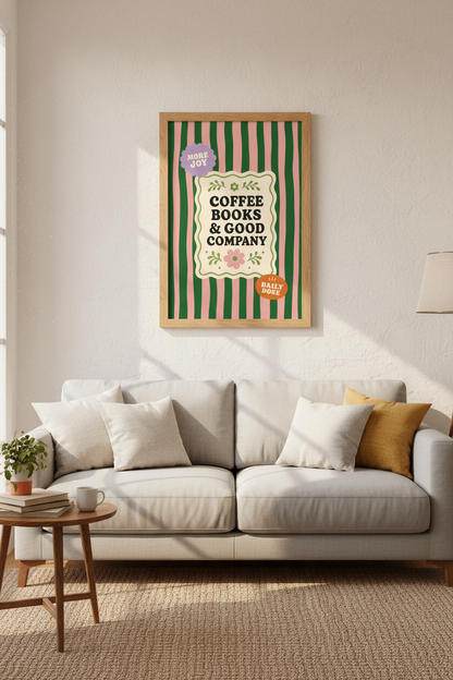 Coffee Books Good Company Wall Art | Pink Green Retro Poster | Kitchen Reading Nook Decor
