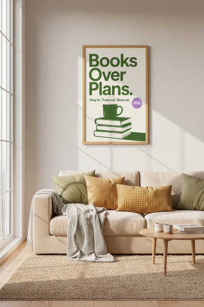 Books Over Plans Wall Art | Green Literary Decor | Minimalist Poster