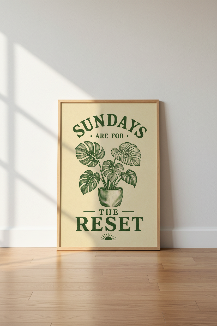 Sundays Are For The Reset Wall Art Print | Botanical Home Decor | Vintage Monstera Poster