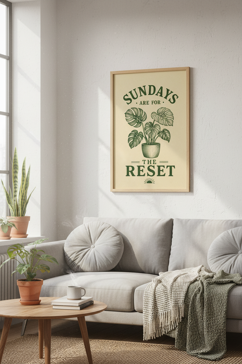 Sundays Are For The Reset Wall Art Print | Botanical Home Decor | Vintage Monstera Poster