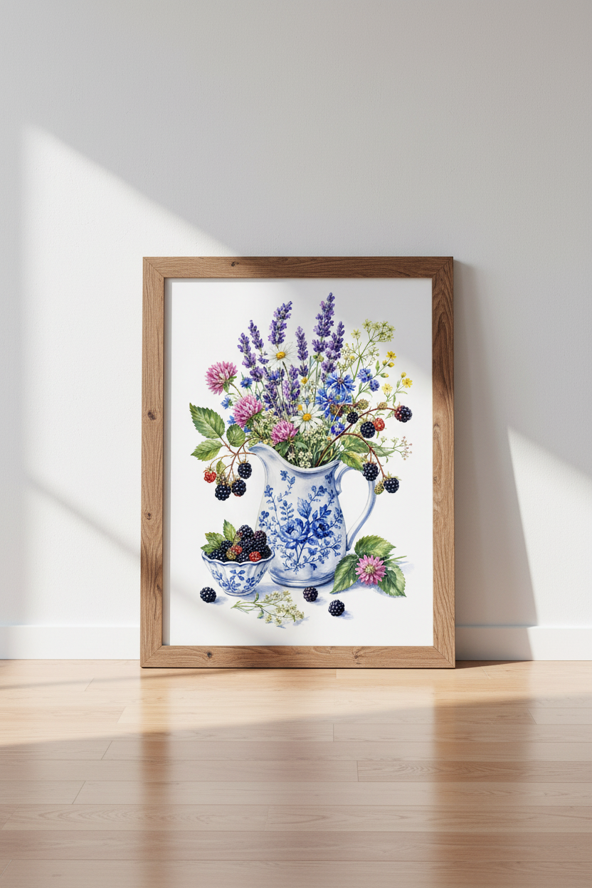 Wildflower &amp; Blackberry Watercolor Print | Kitchen Decor | Cottagecore Poster