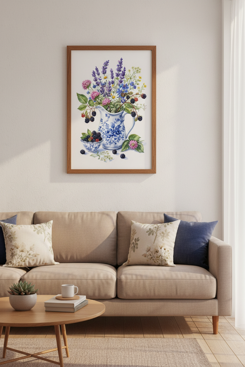 Wildflower &amp; Blackberry Watercolor Print | Kitchen Decor | Cottagecore Poster