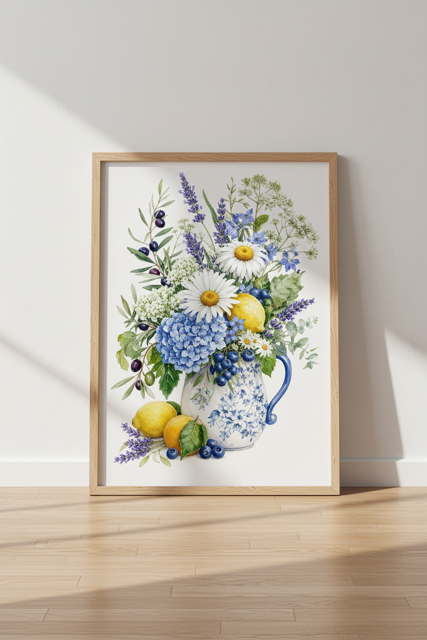 Wildflower Lemon Bouquet Wall Art | Kitchen Decor | Mediterranean Watercolor Print