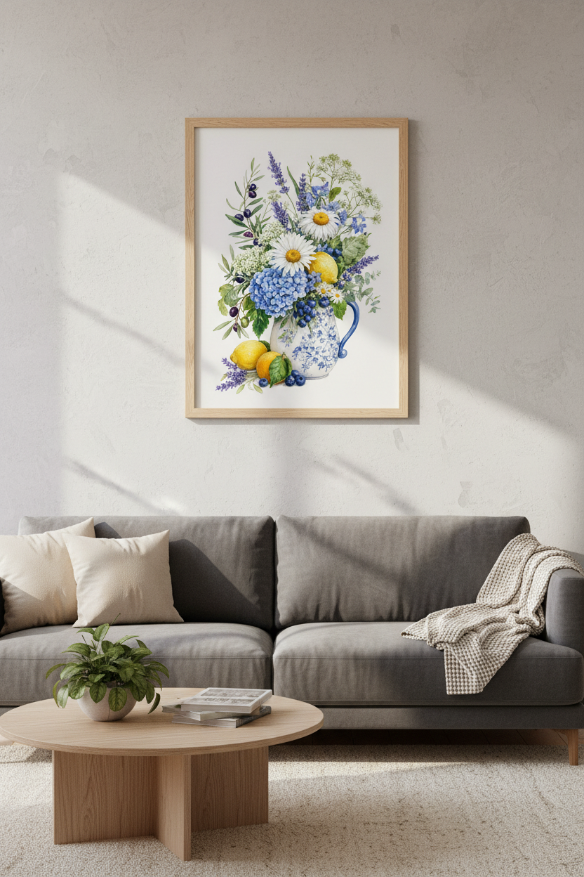 Wildflower Lemon Bouquet Wall Art | Kitchen Decor | Mediterranean Watercolor Print