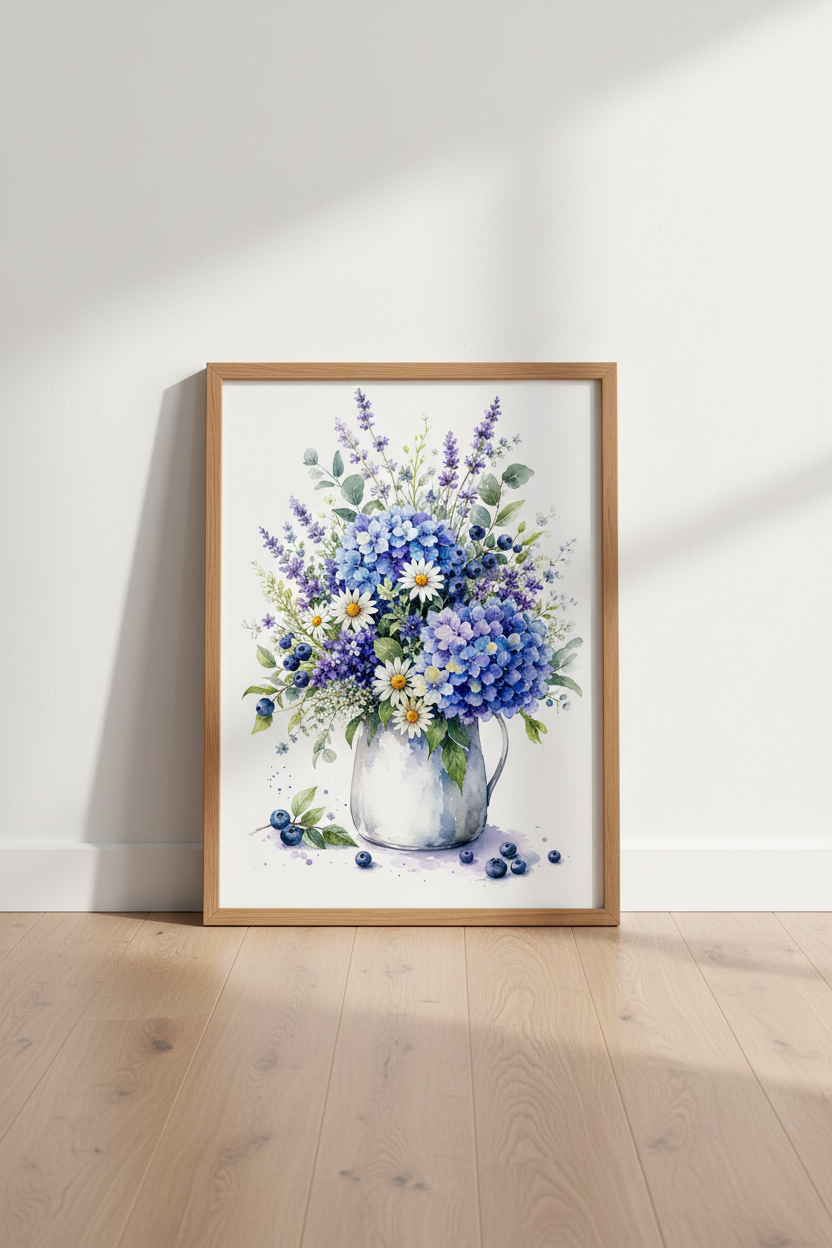 Blue Hydrangea Lavender Wall Art | Floral Watercolor Poster, Cottagecore Decor