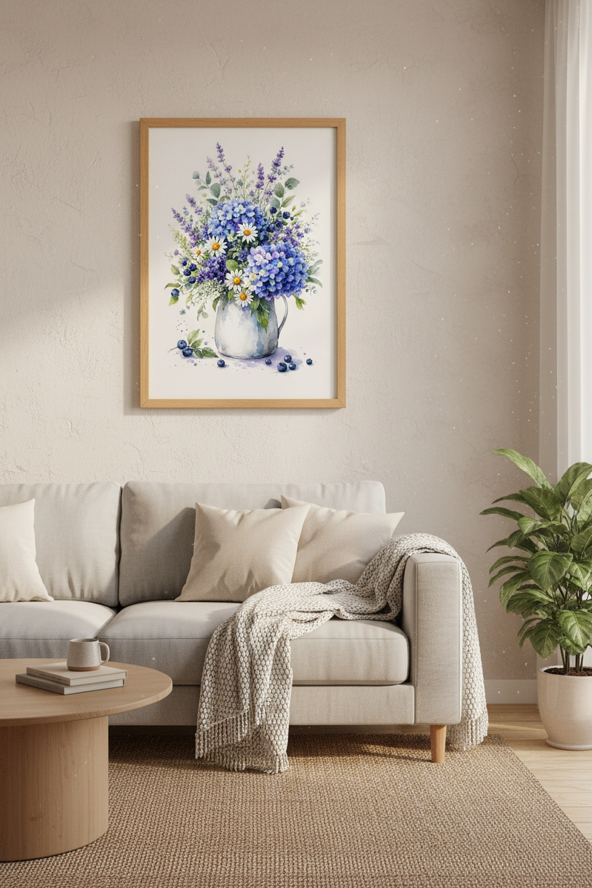 Blue Hydrangea Lavender Wall Art | Floral Watercolor Poster, Cottagecore Decor